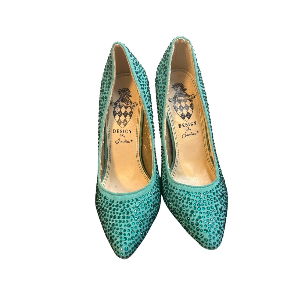 Design By Jacobies Turquoise Rhinestone Pointed Toe Pumps Teal Heels Womens 6